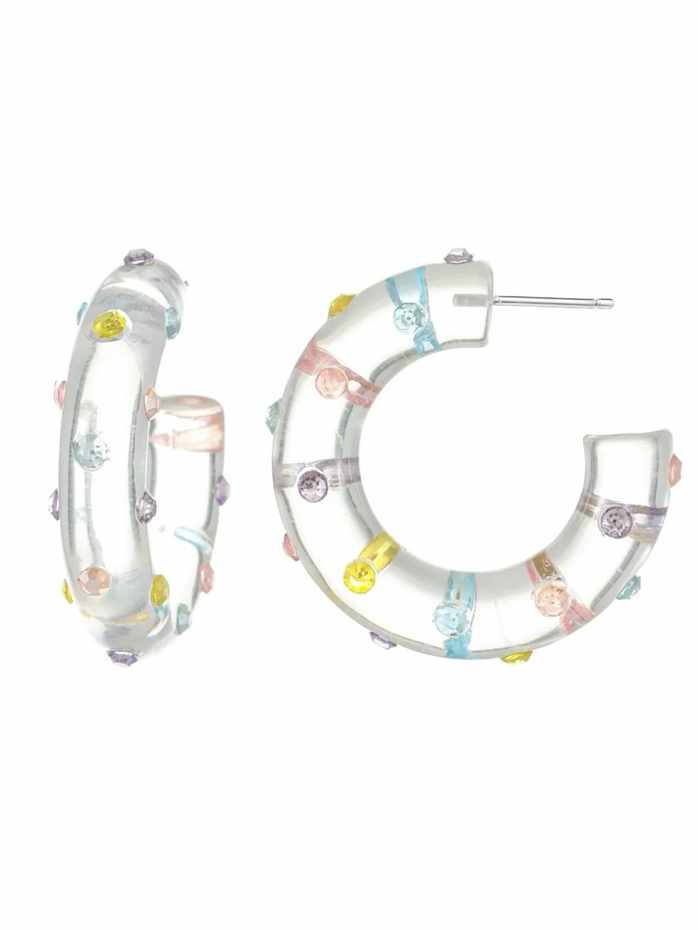 Clear Acrylic Gem Studded Hoop Earrings with Pastel Crystals - Picture 2 of 3